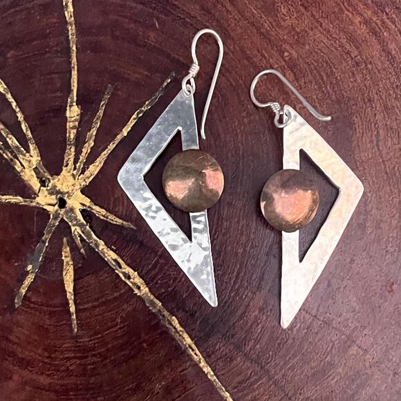 Mixed Metal Triangle Earrings Sterling Silver Copper Industrial jewelry - Picture 2 of 10